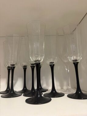 Vintage Luminarc Black Stem Flutes Wine Champagne Glasses Set of 8 France